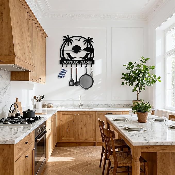 Personalized Beach Key Holder Wall Mount, Custom Metal Keys Hanger for Wall with Name, Custom Key Rack Holder with Hooks for Home, Entryway, Front Door, Living Room, Kitchen, Bathroom