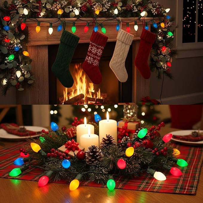 C7 LED String Lights,25Ft Retro Ceramic Multicolor Lights with 27 Vibrant LED Bulbs (2 Spare) on Green Wire–Perfect for Christmas, Parties, Backyard & Wedding Décor