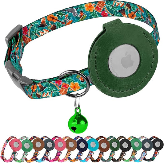 Airtag Cat Collar with Bell - Non Breakaway Soft Pet Collar with Leather Air Tag Holder - Adjustable GPS Anti-Lost Collars for Girl Boy Cats Kitten Puppies, Lightweight and Patterned (Hawaii)