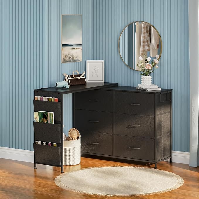 Modern Corner Vanity Desk with 6 Fabric Drawers Power Outlet Side Pocket L Shaped Drawers Makeup Desk Dressing Table for Girls Women Bedroom (Black)