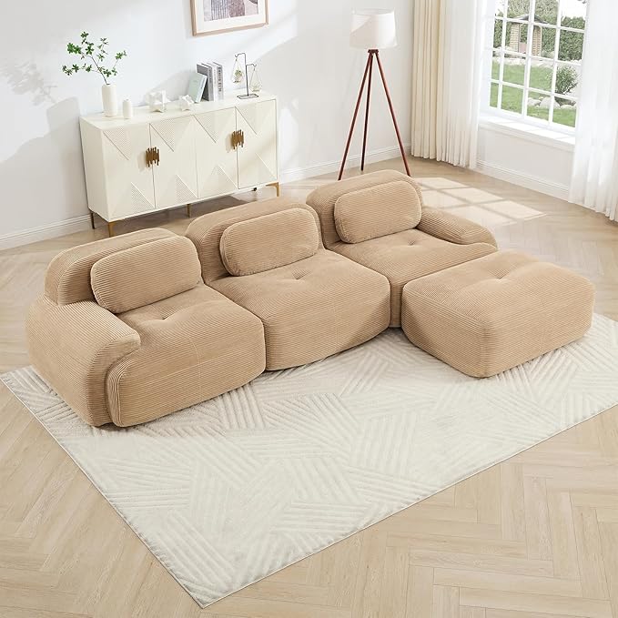 116" Modern Compressed Boneless Couch with Ottoman, 3 Seater Large L Shaped Sectional Couches for Living Room, Camel Corduroy Cloud Modular Sectional Sofa, Memory Foam, Extra Deep, No Assembly