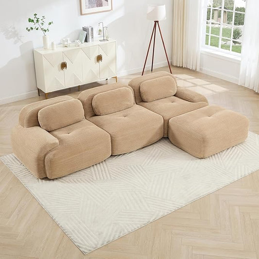 116" Modern Compressed Boneless Couch with Ottoman, 3 Seater Large L Shaped Sectional Couches for Living Room, Camel Corduroy Cloud Modular Sectional Sofa, Memory Foam, Extra Deep, No Assembly