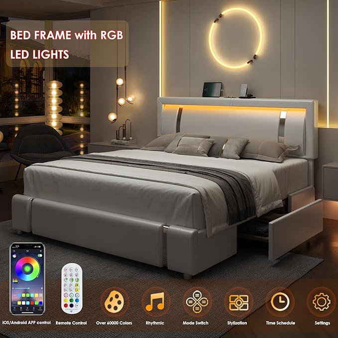 Keyluv Queen Bed Frame with RGB LED Lights Headboard & 2 Storage Drawers, Modern Upholstered Faux Leather Smart Platform Iron Metal Decor, USB USB-C Charging Ports, No Box Spring Needed, White