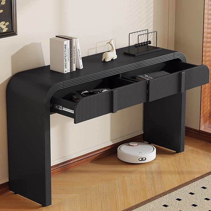 Modern Curved Entryway Console Table 55-Inch Entry Sofa Table with Storage Drawers for Living Room Entrance Hallway Accent Furniture (Black-1)