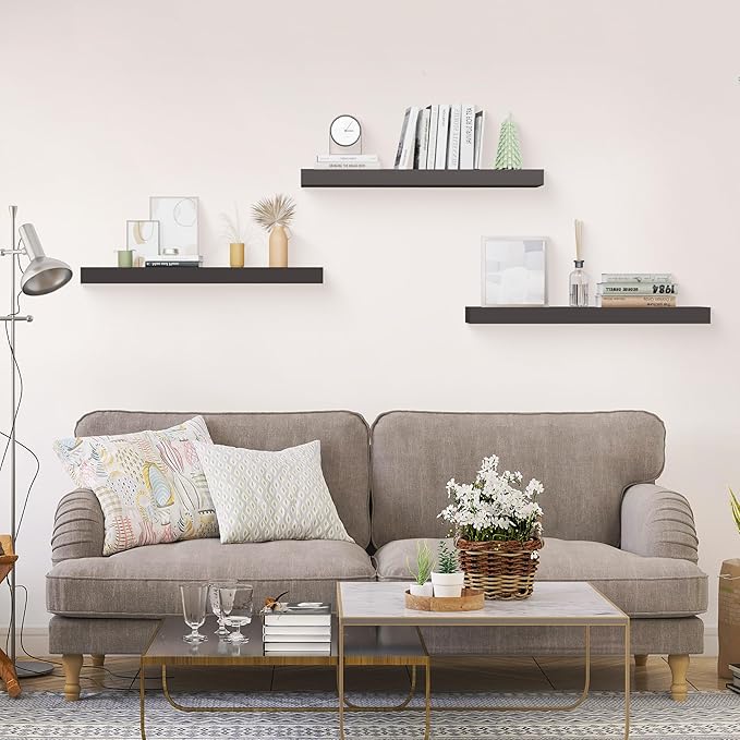 Colima Floating Shelves for Wall, Rustic Wood Wall Mounted Shelves for Bathroom, Toilet, Bedroom, Living Room, Kitchen, Office, Hanging Shelf for Books, Storage, Room Decor, Black, 24in, Set of 3