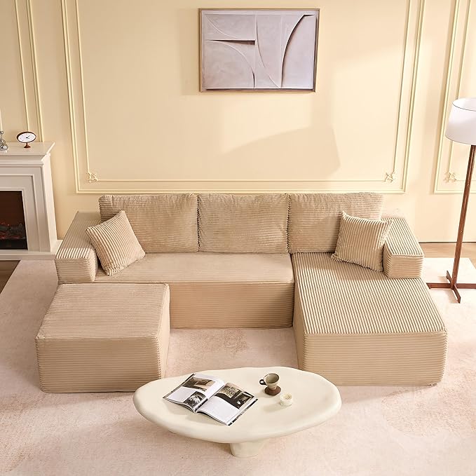 107" Boneless Couch with Deep Seat, Modular Sectional Sofa, Cloud Sectional Couch for Living Room, No Assembly Required, Corduroy, U-Shape 3 Seater Right, Camel