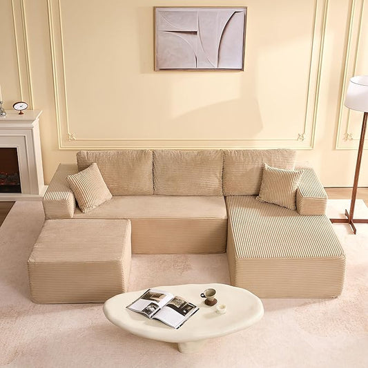 107" Boneless Couch with Deep Seat, Modular Sectional Sofa, Cloud Sectional Couch for Living Room, No Assembly Required, Corduroy, U-Shape 3 Seater Right, Camel
