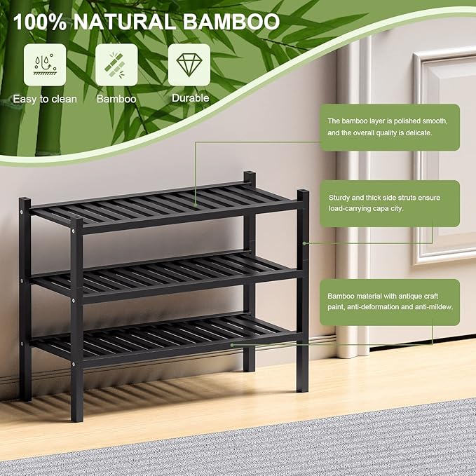 3 Tier (Thick) Bamboo Shoe Rack for Entryway, Small Wood Shoe Shelf Storage Organizer for Closet, Shoe Stand for Hallway, Stackable and Sturdy 27"x12"x21" Black