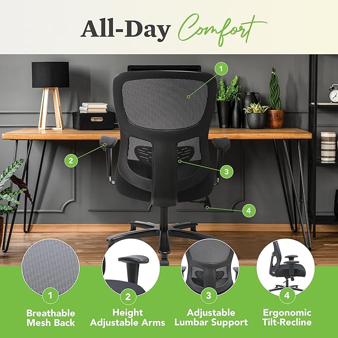 HON Sadie Big and Tall Office Chair, Ergonomic Desk Chair with Mesh Back, Lumbar Support, 350 lb Max, Black
