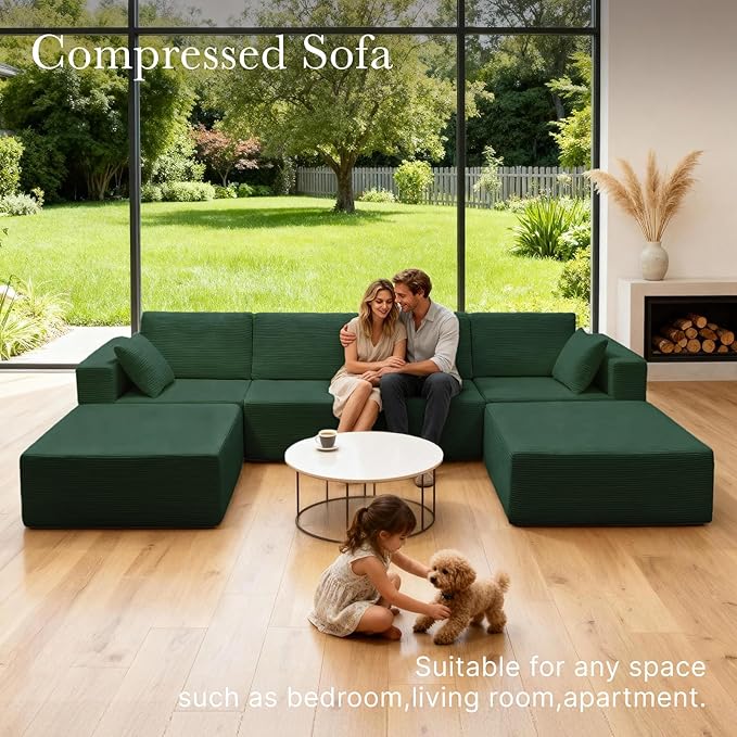 137” Modular Sectional Sofa Couch, 4-Seater U-Shape Sofa with Ottoman, Memory Foam Compressed Sofa, Free Combination Couch for Living Room,No Assembly Needed (Green, 4 Seats+ 2 Ottoman)