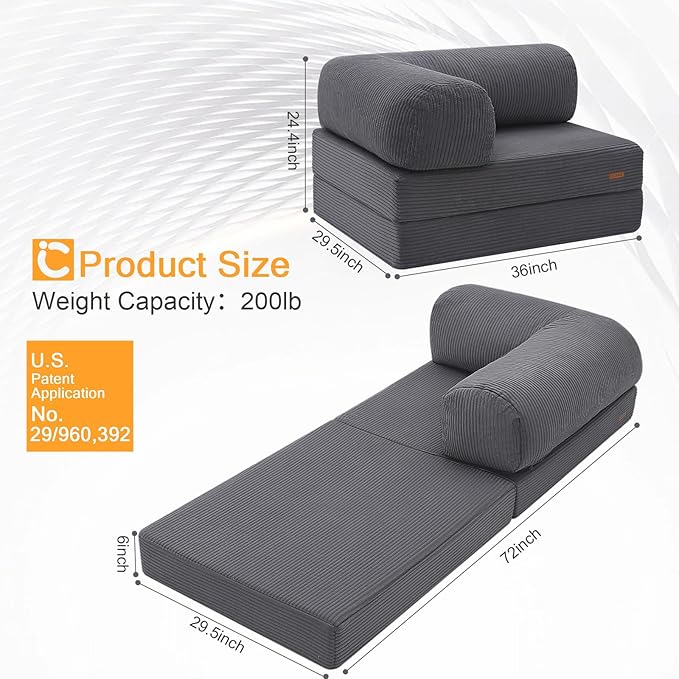 COMAX Folding Sofa Bed, Fold Out Chair Bed, Foldable Sofa, Convertible Sleeper for Adults, Futon Chair Single Small Floor Couch for Spaces, Bedroom Living Room Guest Room, Grey