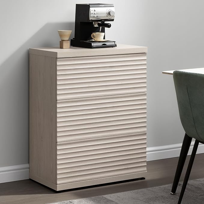 SICOTAS Sideboard Buffet Cabinet with Storage, Modern Fluted Accent Credenza with 3 Larger Drawers, Mid Century Media Console Table Coffee Bar Cabinet for Dining Room Hallway Kitchen, White Alder