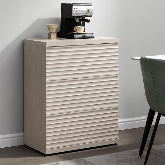 SICOTAS Sideboard Buffet Cabinet with Storage, Modern Fluted Accent Credenza with 3 Larger Drawers, Mid Century Media Console Table Coffee Bar Cabinet for Dining Room Hallway Kitchen, White Alder