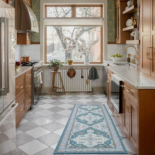 WILLSUN Washable Area Rugs, 2x6 Non-Slip Boho Area Rugs for Kitchen, Living Room, Bedroom, Machine Washable Vintage Rug, Indoor Floral Print Carpet for Home Decor, Kid & Pet Friendly Mat