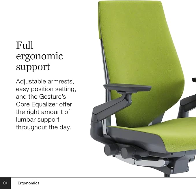 Steelcase Gesture Office Chair - Ergonomic Work Chair with Wheels for Carpet - Comfortable - Intuitive-to-Adjust for Desk - 360-Degree Arms - Wasabi Green Fabric