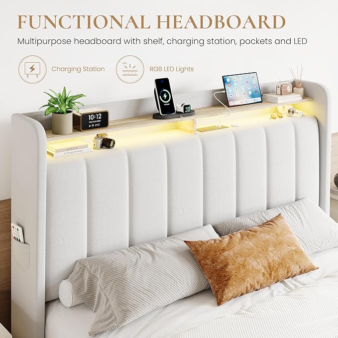 SHA CERLIN Velvet Queen Bed Frame with Vertical Channel Tufted Wingback Headboard & 2 Storage Drawers/2-Tier Shelves with LED Lights & Charging Station/Noise-Free/No Box Spring Needed/White