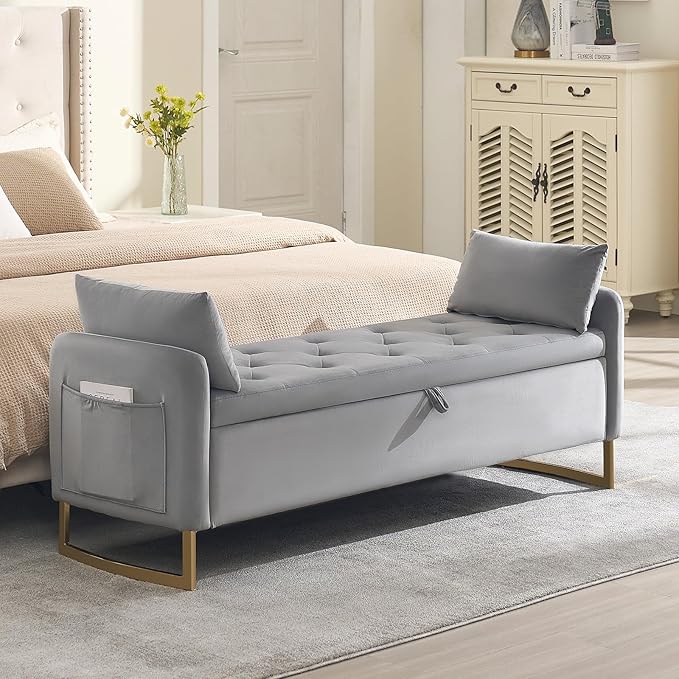 65" Storage Ottoman Bench for Bedroom, End of Bed Storage Bench King Size with Tufted Button Upholstered and Gold Legs, Bedroom Benches with Armrests for Living Room Window, Light Grey