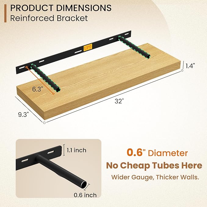 Fun Memories Floating Shelves 32 Inch Long, 9.3Inch Deep Floating Shelves for Wall, Extra Deeper & Thicker Wall Mounted Storage Shelf for Kitchen, Farmhouse, Oak, 2 Pack