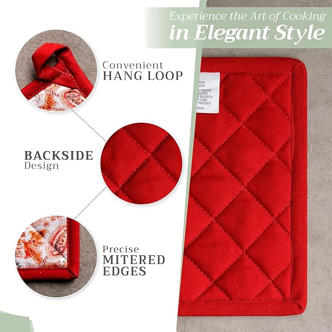Maison d' Hermine Pot Holders Set 100% Cotton Heat Resistant Potholders 8" x 8" Hot Pads with Loop for Thanksgiving Christmas Decorations BBQ Cooking Baking Handling Hot Pans (Pack of 2, Orient)