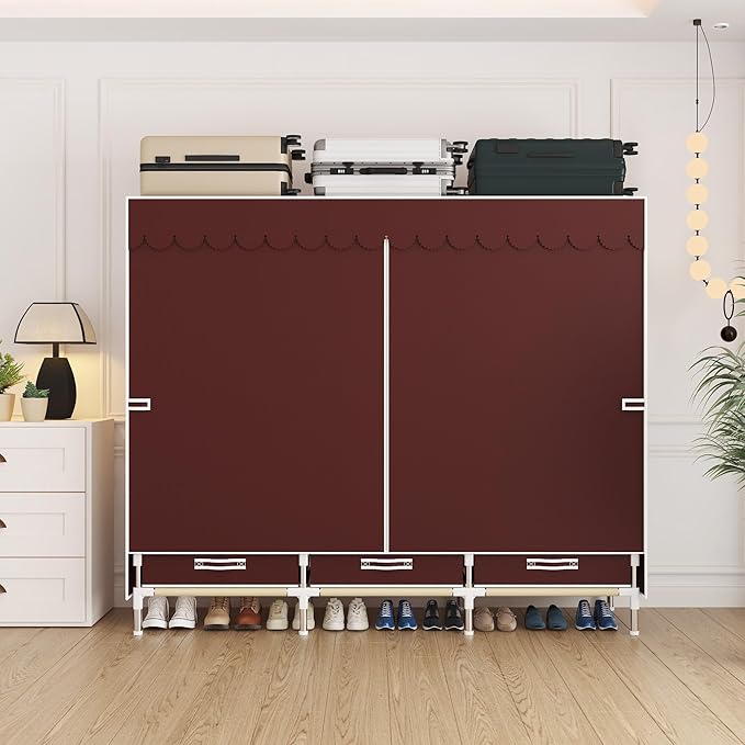 Portable Wardrobe Closet Durable and Easy to Assemble Heavy Duty Clothes Rack with Non-Woven Cover Fabric Best for Bedroom and Easy Storage and Organization (Red-A)