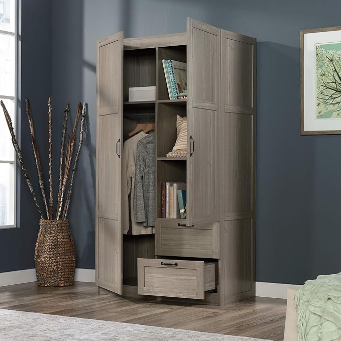Sauder Select Multipurpose Bedroom Armoire Wardrobe Closet Pantry Storage Cabinet with Storage Drawers and Hanging Rail, in Silver Sycamore