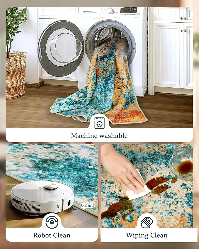 Washable Area Rug for Living Room: 8x10 Modern Abstract Neutral Soft Rug for Bedroom Dining Room No Slip Low Pile Carpet for Nursery Home Office - Teal/Orange