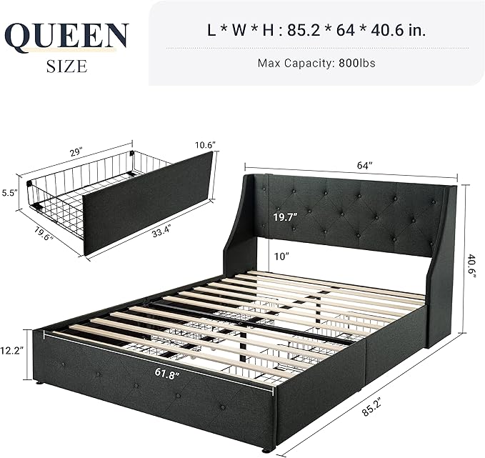 Allewie Queen Bed Frame with 4 Storage Drawers and Wingback Headboard, Button Tufted Design, No Box Spring Needed, Dark Grey