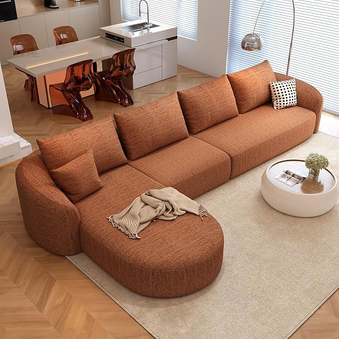 138.6" Modular Sectional Couches Luxury Modern Curved Back Sofa,Minimalist Comfy L-Shape Boneless Cloud Couch for Living Room Apartment,(Left Facing Chaise,Orange)