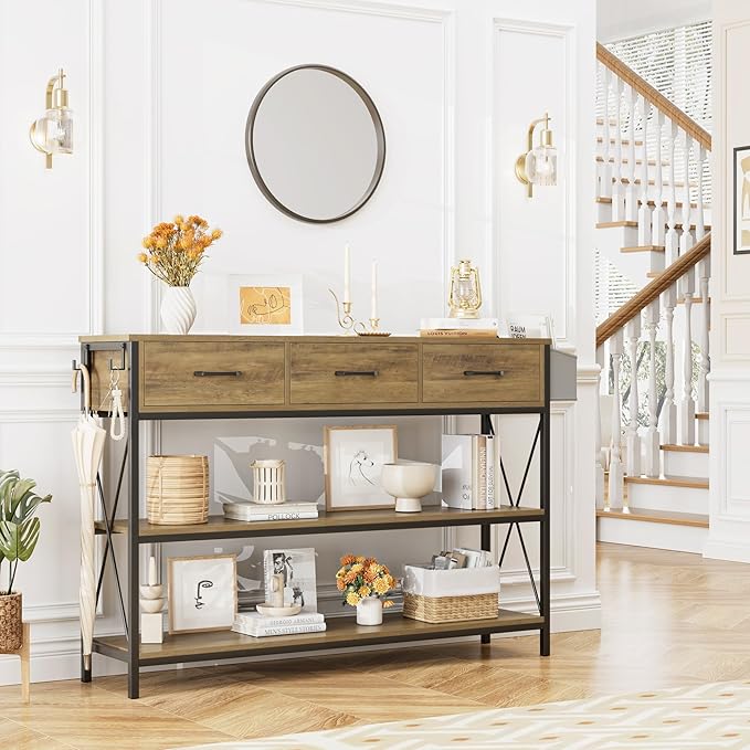HITHOS 47.2" Console Table with 3 Drawers, Industrial Long Entryway Foyer Table with 3-Tier Storage Shelves, Narrow Sofa Hallway Table for Living Room, Entry Way, Kitchen, Rustic Brown