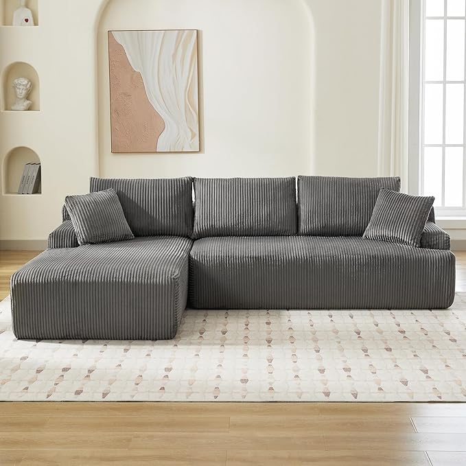 Sectional Cloud Couch for Living Room L Shaped Couch with 3 Seat Ind. Chaise Longue Corduroy Fabric Boneless Modular Modern Sofa with Pillows for Apartment and Small Space Grey