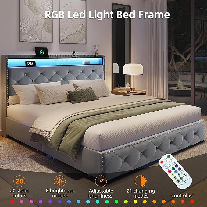 BRELTAM Bed Frame Queen Size with 4 Storage Drawers Upholstered Velvet Bed Frame with LED and Charging Station,Platform Bed Frame with Headboard Heavy Duty Wood Slats,Noise Free,Bluish Grey