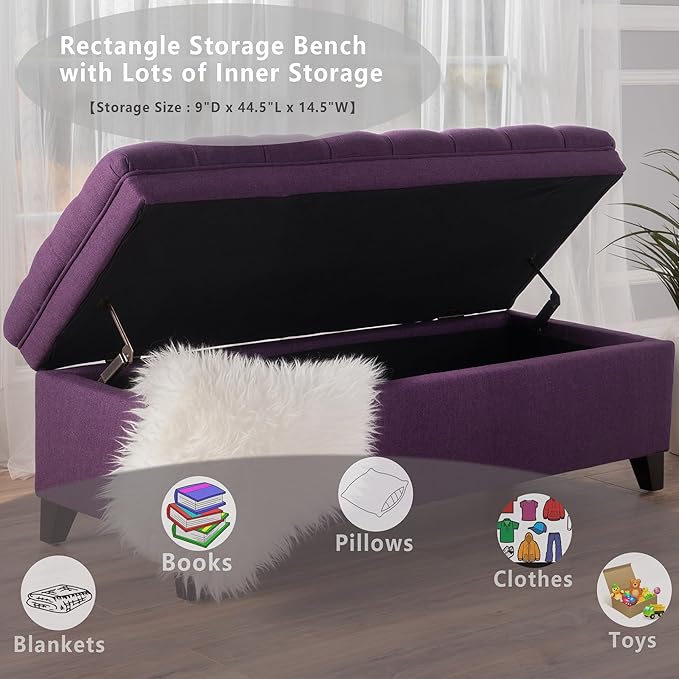Setawix Linen Storage Benches for Bedroom,50" Bed End Bench with Storage,Tufted Purple Storage Ottoman Bench for Living Room,Rectangle Entryway Benches with Storage and Seating (Purple, Linen)