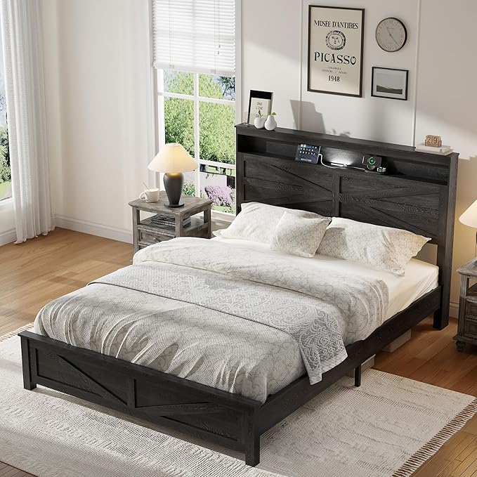 Farmhouse Wooden Bed Frame Queen Size with Storage Headboard, Boho Platform Bedframe with LED Lights and Charging Station, Metal Slats Support, No Box Spring Needed, Black