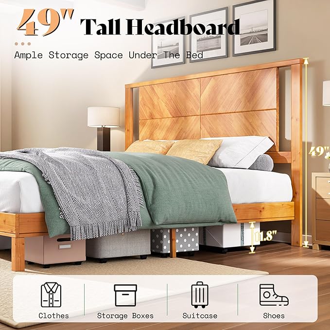 AMERLIFE Solid Wood Queen Size Bed Frame with Headboard, Rustic Style Platform Bed Frame with Under-Bed Storage, No Box Spring Needed, Noise Free, Easy Assembly, Light Brown