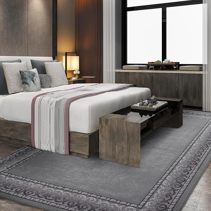 Antep Rugs Alfombras Bordered Modern 4x6 Non-Slip (Non-Skid) Low Pile Rubber Backing Indoor Area Rug (Gray, 4' x 5'8")