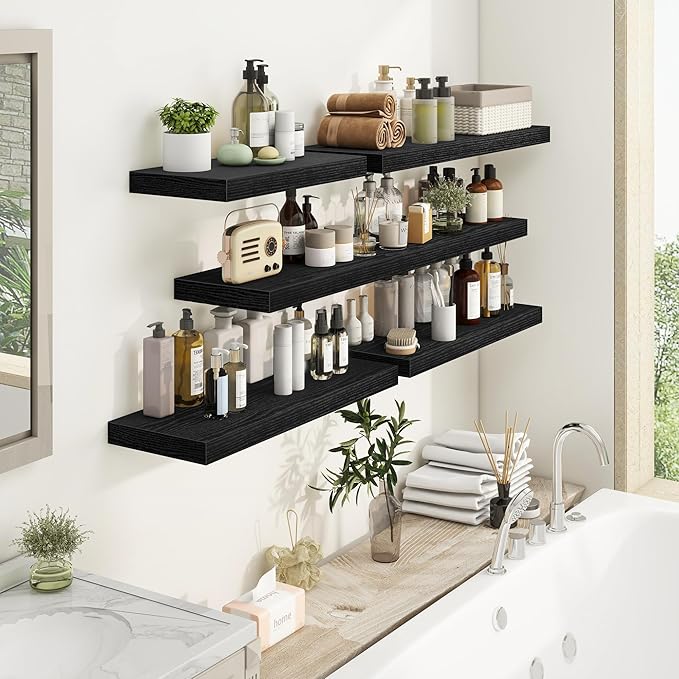 Fun Memories 32Inch Floating Shelves, 9.3Inch Deep Rustic Wall Shelves - Extra Deeper & Thicker Wall Mounted Storage Shelf for Kitchen, Farmhouse - Set of 2 - Rustic Black