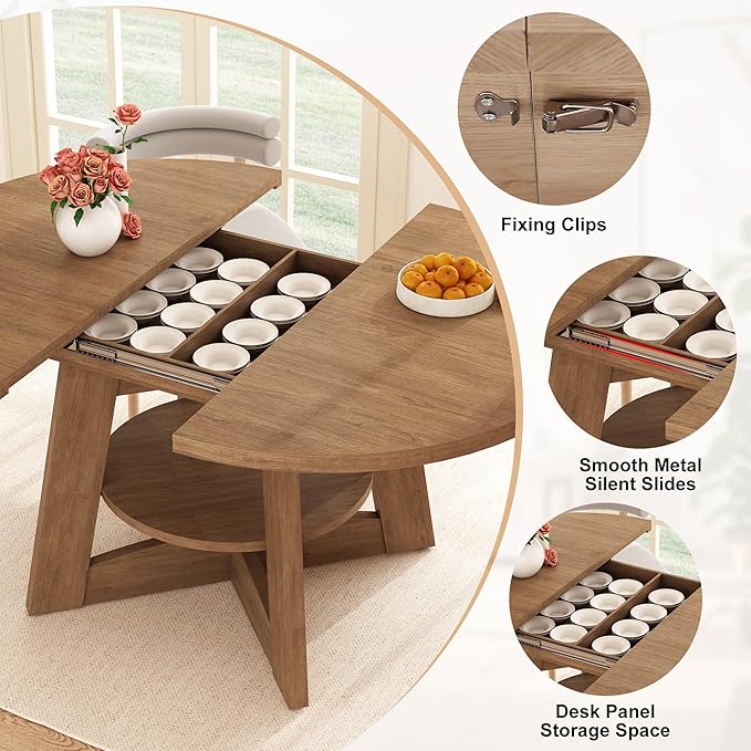 47"-63" Extendable Dining Table for 4 5 6 People,63" Farmhouse Round Extending Dining Table w/Removable Leaves Space Saving,Wooden Adjustable Tables for Kitchen Office Living Room (Brown)