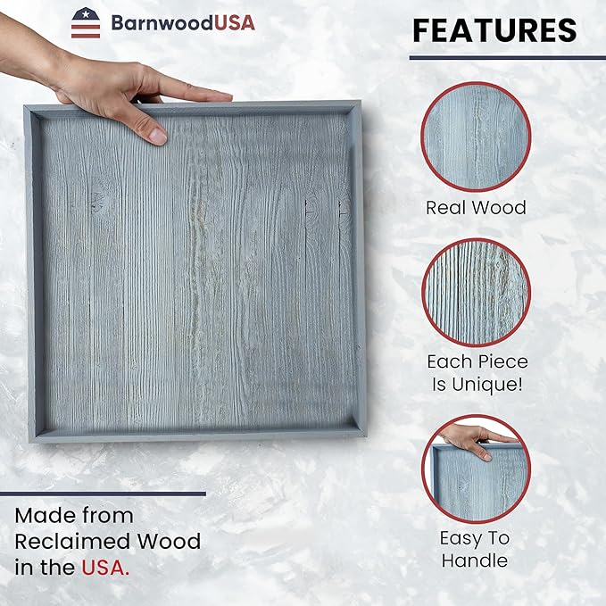 Wooden Ottoman Tray with Felt Pad – Decorative Couch Serving Tray Made with Real Rustic Reclaimed Wood - Perfect for Living Room Ottomans, Sofas, & Coffee Tables -24" x 24"- Slate Blue