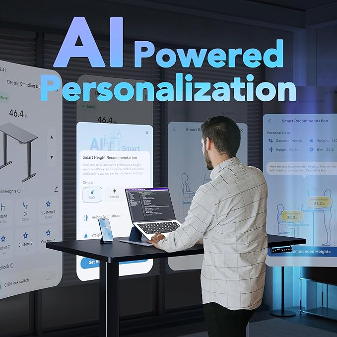 HUANUO One-Piece AI-Powered Electric Standing Desk, Smart APP, Compatible with Alexa & Google, Adjustable Height, 6 Memory Settings, Sedentary Reminder, Ergonomic Sit-Stand Desk, 32-inch, Black