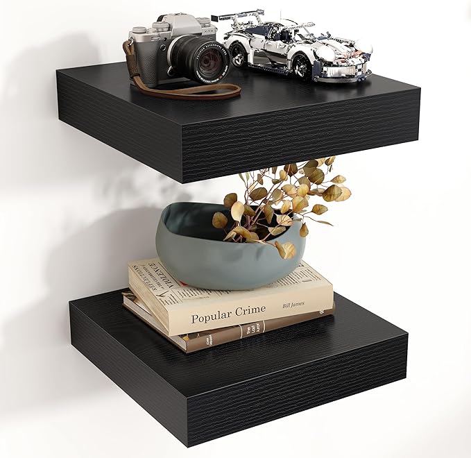 Square Floating Shelves for Wall, 12" W x 12" D x 2" H, 2 Pack of Small Wall Mounted Engineered Wood Shelves with Invisible Brackets for Living Room, Bedroom, Bathroom, Kitchen Decor, Black