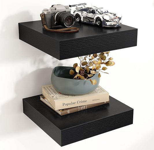 Square Floating Shelves for Wall, 12" W x 12" D x 2" H, 2 Pack of Small Wall Mounted Engineered Wood Shelves with Invisible Brackets for Living Room, Bedroom, Bathroom, Kitchen Decor, Black