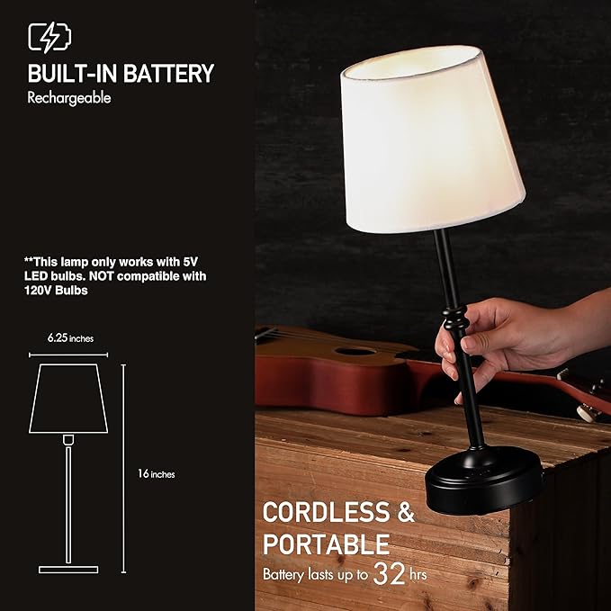 O’Bright Seraph - Cordless LED Table Lamp with Dimmer, Built-in Rechargeable Battery, 3-Level Brightness, Patio Table Lamp, Bedside Night Lamp, Ambient Light for Restaurant, Black