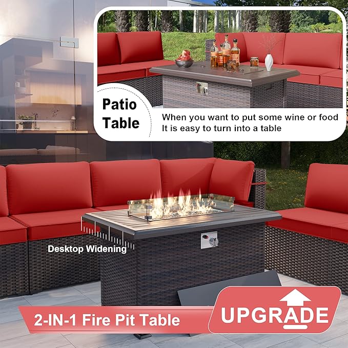 Kurapika 13 Pieces Patio Furniture Set, Rattan Wicker Outdoor Conversation Sets w/43in Propane Fire Pit Table and 4 Inch Cushion(Red)