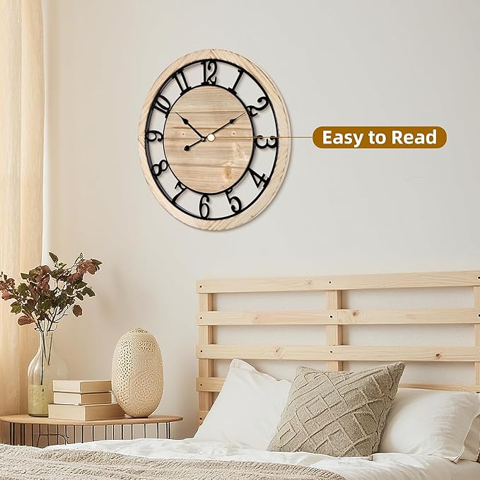 Maxstar 30'' Wall Clock for Living Room Decor, Silent Rustic Wooden Farmhouse Wall Clock with Metal & Real Wood Frame, Battery Operated, for Kitchen Bedroom Office, Arabic Numerals