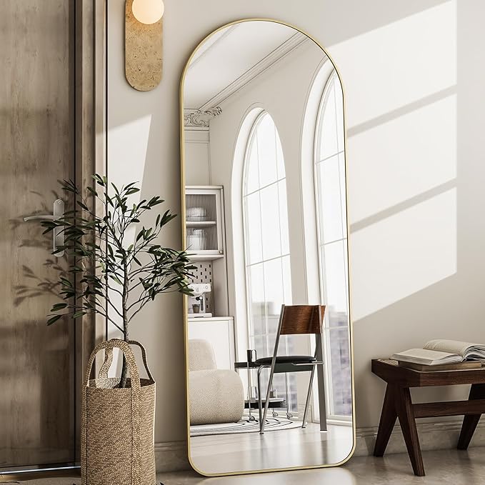 HARRITPURE Arched Full Length Mirror - 64"x21" Large Floor Standing Mirror Aluminum Frame Dressing Mirrors with Stand for Bedroom/Living Room Wall Mounted, Gold