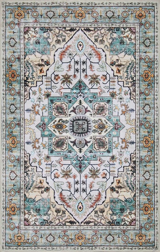 WILLSUN Washable Area Rugs, 4x6 Non-Slip Boho Large Area Rugs for Living Room, Bedroom, Machine Washable Vintage Rug, Indoor Floral Print Carpet for Home Decor, Kid & Pet Friendly Mat