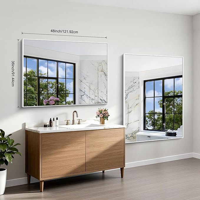 BONEWEI White Bathroom Mirror,36x48 inch Wall Mirror for Bathroom Wall Mounted,Large Rectangle Mirror for Bathroom Over Sink,Modern Metal Frame for Living Room,Bedroom Entryway,Horizontal/Vertical