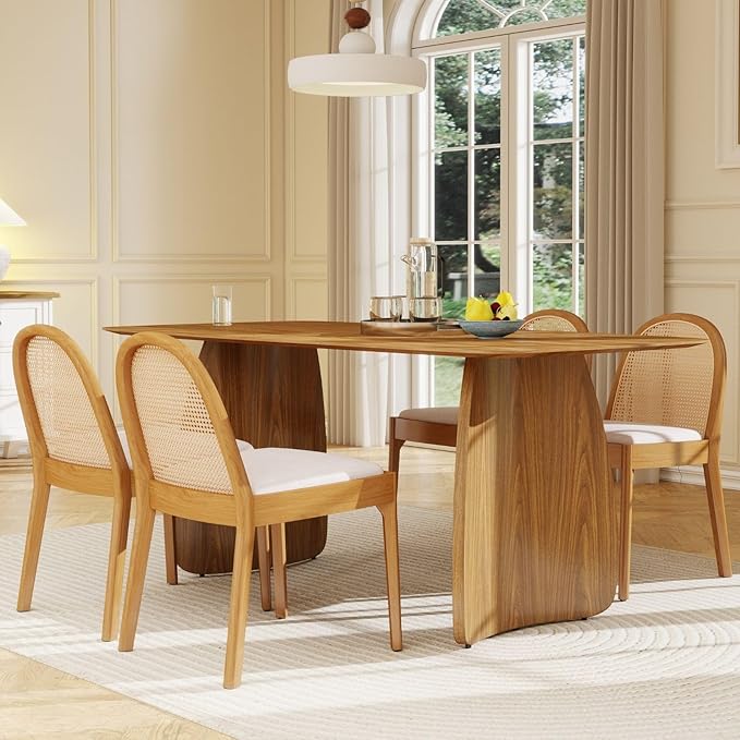 LukeAlon Modern Linen Dining Chairs Set of 6, Natural Woven Rattan Cane Back Side Chairs with Solid Wood Legs Mid Century Dinner Chairs for Kitchen Living Room, Beige