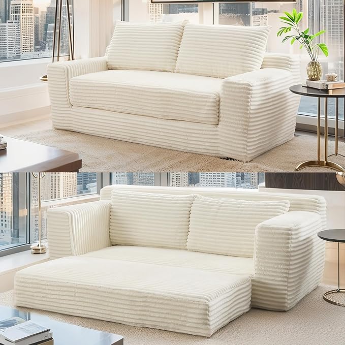 Fefances Loveseat Sofa Bed Boneless Couch, Convertible 2-in-1 Design, Corduroy Fabric - Compact Memory Foam Couch for Small Spaces, Apartments, Home Office & Bedroom (Beige)