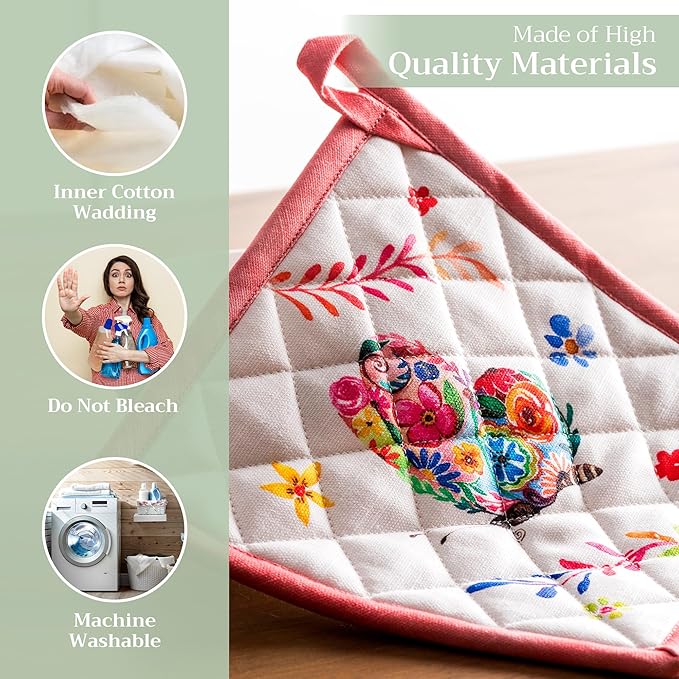 Maison d' Hermine Pot Holders 100% Cotton Heat Resistant Potholders 8" x 8" Hot Pads with Loop BBQ, Cooking, Grilling, Kitchen, Handling Hot Pans Spring/Summer (Pack of 1, Happy Florals - High Summer)